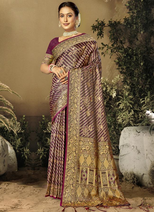 Sattin Silk Magenta Wedding Wear Weaving Saree